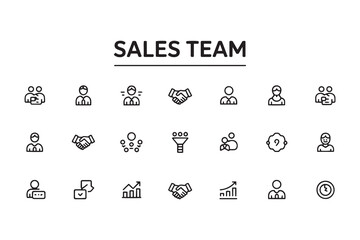 Sales team icons with handshake and growth chart people