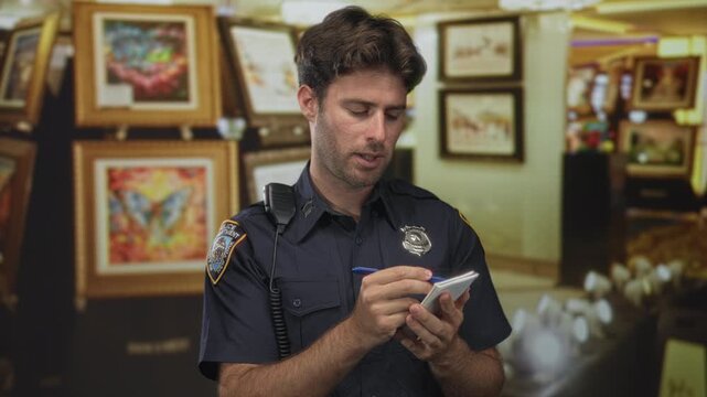 Man police officer writing on notepad holding pen with badge and radio visible amid framed paintings in building; duty security.