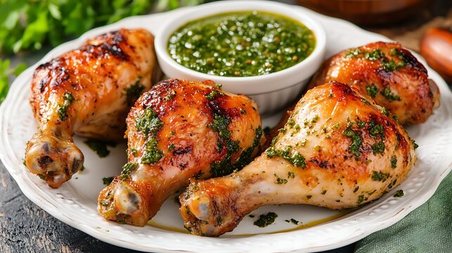Grilled chicken with pesto sauce and fresh garnish on plate