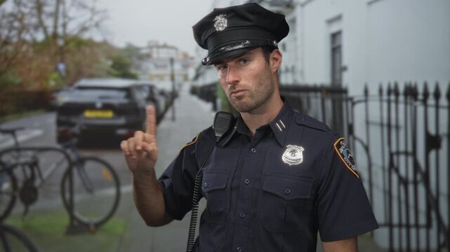 Man policeman points finger on city street, badge and radio visible while wearing uniform and cap; authority duty.