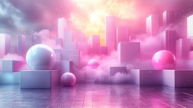 Colorful Urban Landscape with Shapes and Clouds in Vibrant Light