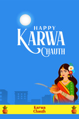 Indian woman performing Hindu married festival ritual of Karwa Cahuth looking moon through sieve