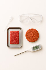 A clean studio shot featuring clear safety goggles, a metal tray with red meat, a dropper, and a digital thermometer displaying 22.0°C, suggesting food safety and laboratory testing.