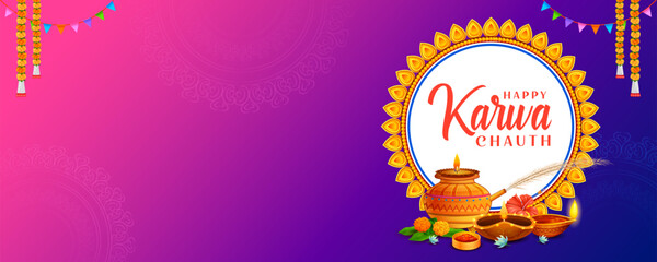 Fototapeta na wymiar decorated pooja thali for greetings on Indian Hindu festival Happy Karwa Chauth
