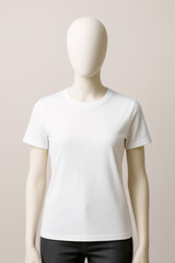 A clean, simple white tee on a neutral mannequin against a soft beige backdrop. Perfect for fashion, apparel, or product photography; crisp, timeless, and versatile for catalogs and ecommerce.