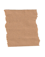 A single scrap of torn brown paper with two straight and two ripped edges. Isolated blank kraft paper note for collage, scrapbooking, or design elements.

