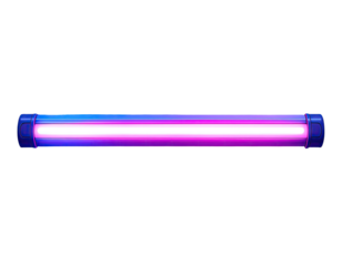 Horizontal fluorescent tube, vibrant purple-pink glow, dark background.  Dark-blue end caps.  Simple, futuristic design