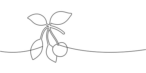Minimal continuous line drawing of cherries with leaves. Modern outline vector fruit illustration for healthy lifestyle and botanical art themes