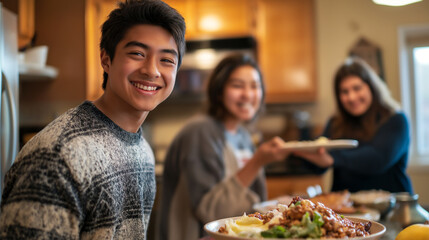Foster teenager shares a joyful moment with friends during a home-cooked meal in a cozy kitchen setting