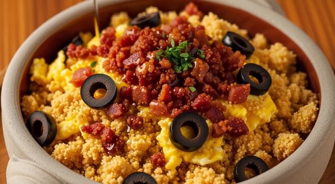 Close up of farofa dish with eggs chorizo and black olives in a ceramic bowl on wood table