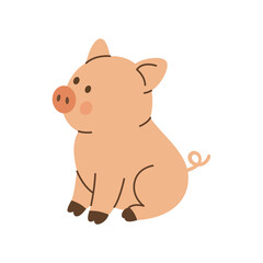 Cute cartoon piglet sitting with round cheeks and curly tail. Adorable flat vector farm animal illustration for kids and baby themes