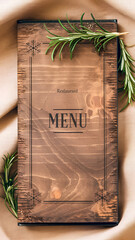 A rustic wooden menu cover accented by bright rosemary sprigs, set on a soft fabric background to convey warm, inviting dining and a touch of gourmet elegance.