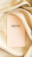Pale pink menu card rests on luxurious cream fabric, sprinkled with tiny gold confetti. Composition conveys celebration, elegance, refined dining, ideal for event menus, weddings, upscale promotions.