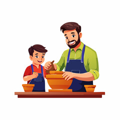 Father and son baking together in kitchen