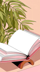 A stylized illustration of an open notebook with pink edges resting on a wooden stand beside lush green leaves. Perfect for study, creativity, writing, and a calm, inviting home office vibe.
