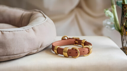 A stylish brown leather dog collar with multiple gold rings rests on a light fabric surface beside a plush beige pet bed, conveying luxury, comfort, and premium pet accessories.
