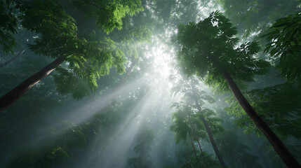 Obraz premium Sunlight shining through tall green forest trees, dramatic rays creating bright atmosphere, natural wilderness conveying purity, peace and hope.