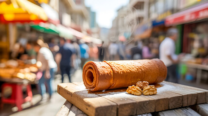 A golden rolled cake rests on a rustic wooden board in a bustling outdoor market. Warm aromas accompany pastry swirls as vendors and shoppers mingle in a lively street scene.