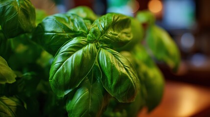 Close up view of fresh green basil leaves highlighting texture and color for culinary use