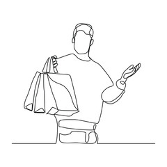 Continuous line of shopper man holding paper bags. Vector illustration editable stroke sketch drawing art