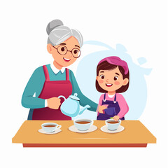 Grandmother pouring tea for granddaughter at table