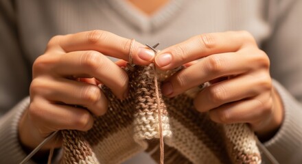 Close up of a person knitting a cozy brown and white scarf creates feelings of relaxation, comfort, and creativity during a quiet moment at home