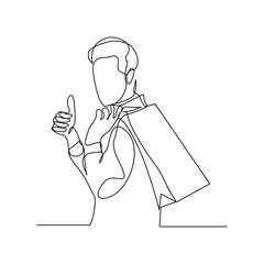 Continuous line of shopper man holding paper bags. Vector illustration editable stroke sketch drawing art