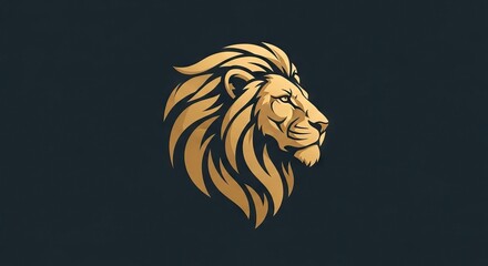 Gold lion head with flowing mane facing right set against a dark background