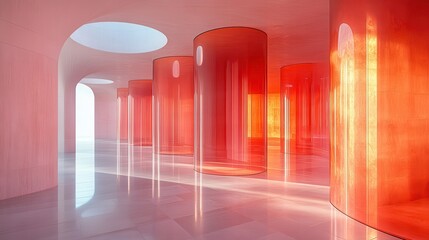 Abstract interior with transparent red columns and soft lighting effects