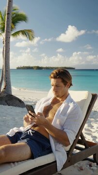Homme d&eacute;tendu sur une chaise longue &agrave; la plage tropicale au soleil couchant
