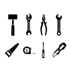 Assortment of Black Silhouette Tools on a White Background Keywords: hammer, wrench, pliers, saw, tape measure, screwdriver, utility knife, tool, hardware, construction, DIY, repair, maintenance