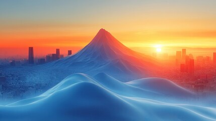 Majestic Sunrise Over Snow-Capped Mountain and Urban Skyline View