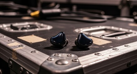 Premium in-ear monitors for audiophiles, delivering crystal clear sound with deep bass on a sturdy road case ready for music enthusiasts