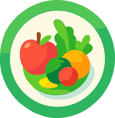 A bright flat illustration of a green plate filled with fresh fruits and vegetables, symbolizing healthy eating, wellness, and balanced nutrition.