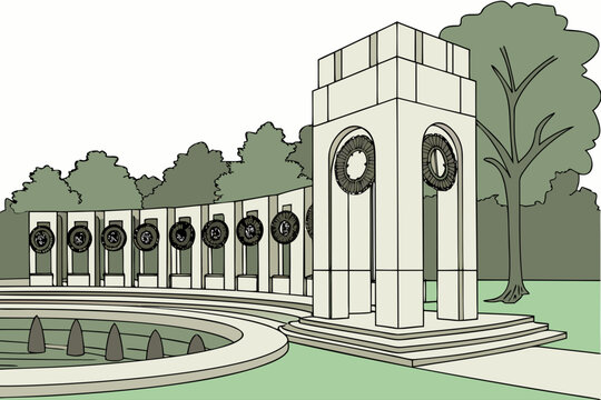 World War II Memorial in Washington, D.C., fountains surrounded by stone arches with wreaths of victory