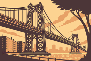 Fototapeta premium Williamsburg Bridge in New York City, New York, industrial suspension bridge glowing in evening light across East River