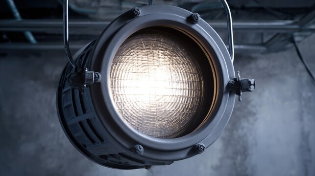 Close up of professional stage spotlight in studio setting with soft lighting