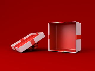 Naklejka na ściany i meble Blank white gift box mockup exhibition booth stand open or opened present box with red ribbon bow isolated on dark red background with shadow minimal creative idea conceptual 3D rendering
