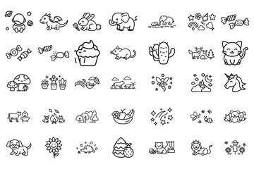 Hand Drawn Kawaii Coloring Book Illustration | Cute Cartoon Animals, Food, and Character Line Art for Kids & Adults