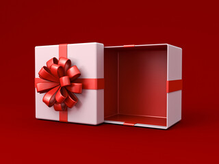 Blank product display gift box mockup exhibition booth stand open or opened present box with red ribbon bow isolated on dark red background with shadow minimal creative idea conceptual 3D rendering