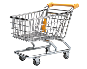 Shiny chrome shopping cart with yellow handle isolated on transparent background