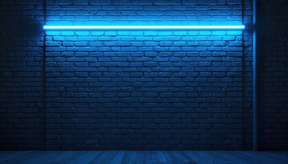 Dark blue brick wall shows texture details. Bright neon light tube shines horizontally, creating cool, moody atmosphere. Empty urban space strong shadows. Modern tech background features unique retro