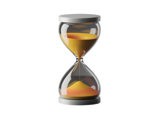 Contemporary 3D hourglass timer featuring bright amber sand flowing through the glass bulb, symbolizing the passage of time isolated on transparent background