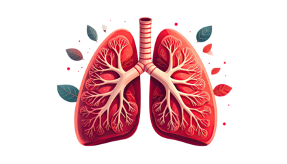 A detailed illustration of a human lung.  Red, anatomical, branching airways, surrounded by a black background, with scattered leaf-like shapes