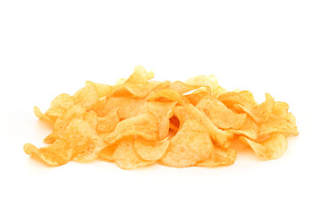 A pile of potato chips on a white background