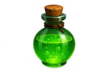 Green bubbling magic potion in a glass bottle