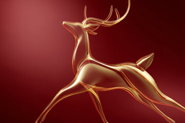 Stylized golden reindeer with antlers on red background in glossy design