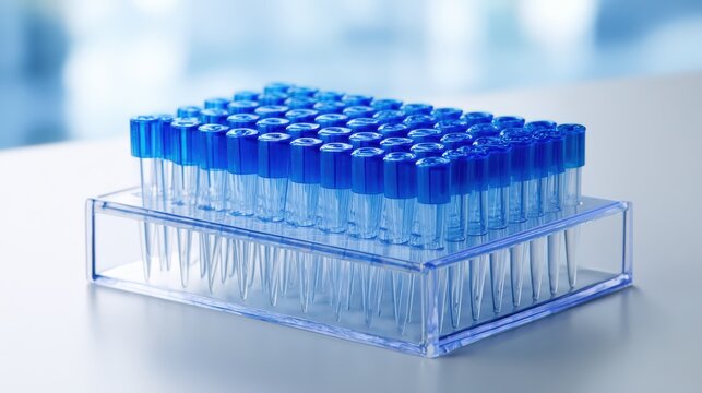 Collection of laboratory test tubes in a rack with blue caps for scientific research