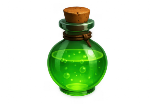 Green bubbling magic potion in a glass bottle