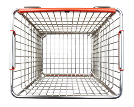 Empty metal shopping basket with red handle isolated on transparent background